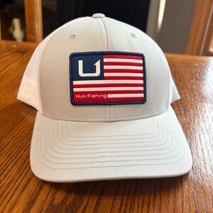 Huk Hat Mens OSFM American Flag Patch Trucker Snapback Gray White Fishing Cap